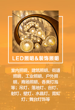 　　LED照(zhào)明(míng)：室內(nèi)照(zhào)明(míng)，建築照(zhào)明(míng)，街(jiē)道(dào)照(zhào)明(míng)，工(gōng)業(yè)照(zhào)明(míng)，戶外(wài)照(zhào)明(míng)，商場(chǎng)照(zhào)明(míng)，各類燈泡等