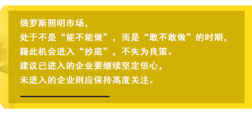 俄羅斯照(zhào)明(míng)市(shì)場(chǎng)，處于不(bù)是(shì)“能(néng)不(bù)能(néng)做(zuò)”，而是(shì)“敢不(bù)敢做(zuò)”的(de)時(shí)期，籍此機(jī)會(huì)進入“抄底”，不(bù)失為(wèi)良策。建議(yì)已進入的(de)企業(yè)要(yào)繼續堅定信心，未進入的(de)企業(yè)則應保持高(gāo)度關注。