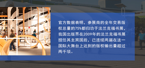官方數(shù)據表明(míng)，參展商的(de)全年(nián)交易版權總量的(de)75%都(dōu)歸功于法蘭克福書(shū)展，我國(guó)出版界在2009年(nián)的(de)法蘭克福書(shū)展擔任其主賓國(guó)後，已連續兩屆在這(zhè)一(yī)國(guó)際大(dà)舞(wǔ)台上(shàng)達到(dào)的(de)版權輸出量超過兩千項。