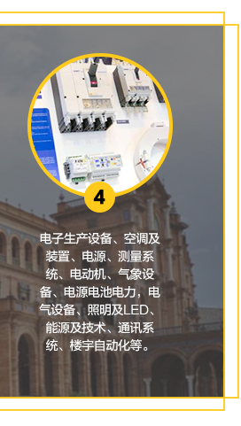 電(diàn)子(zǐ)生(shēng)産設備、空(kōng)調及裝置、電(diàn)源、測量系統、電(diàn)動機(jī)、氣象設備、電(diàn)源電(diàn)池電(diàn)力，電(diàn)氣設備、照(zhào)明(míng)及LED、能(néng)源及技(jì)術(shù)、通(tōng)訊系統、樓宇自(zì)動化(huà)等。
